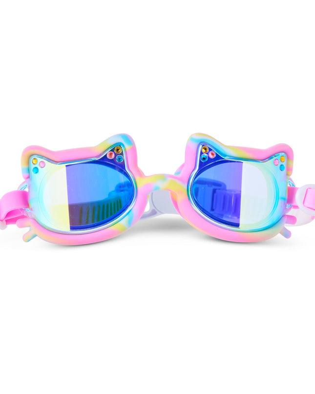 Tie-Dye Tabby cat-shaped swim goggles in Meowberry Breeze tie-dye