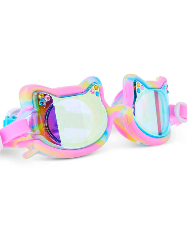 Angled view of Tie-Dye Tabby Meowberry Breeze cat-shaped swim goggles with rhinestones 
