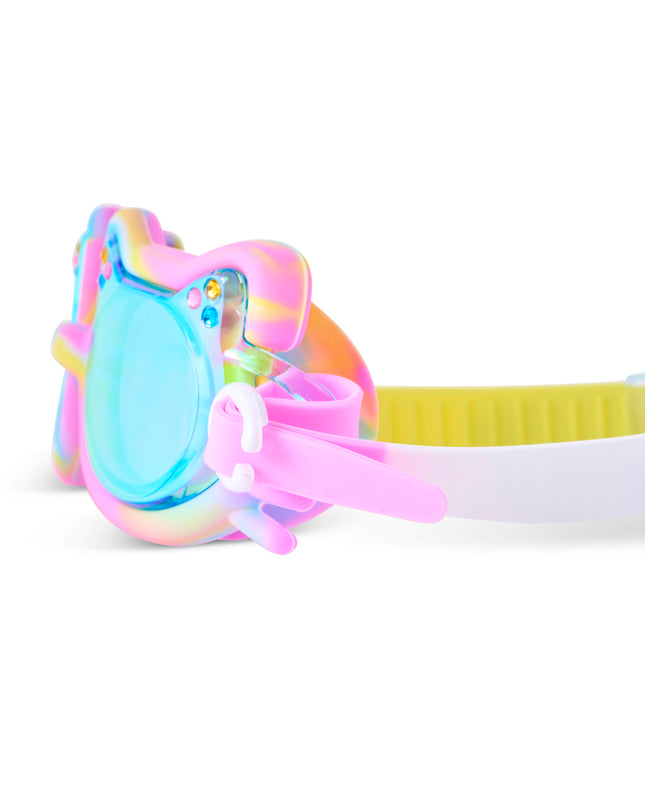 Close-up of Tie-Dye Tabby swim goggles in Meowberry Breeze showing cat-shaped swim goggles with rhinestones