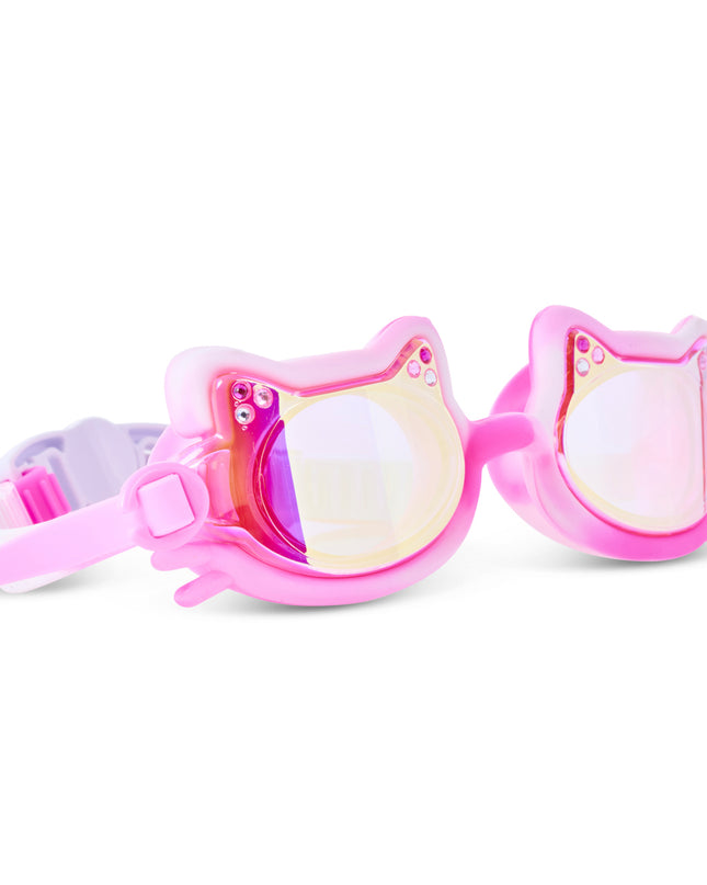 Angled view of Tie-Dye Tabby Pawberry Milk swim goggles with cat ears
