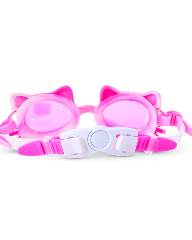 Back view of Tie-Dye Tabby swim goggles showing strap and back clip