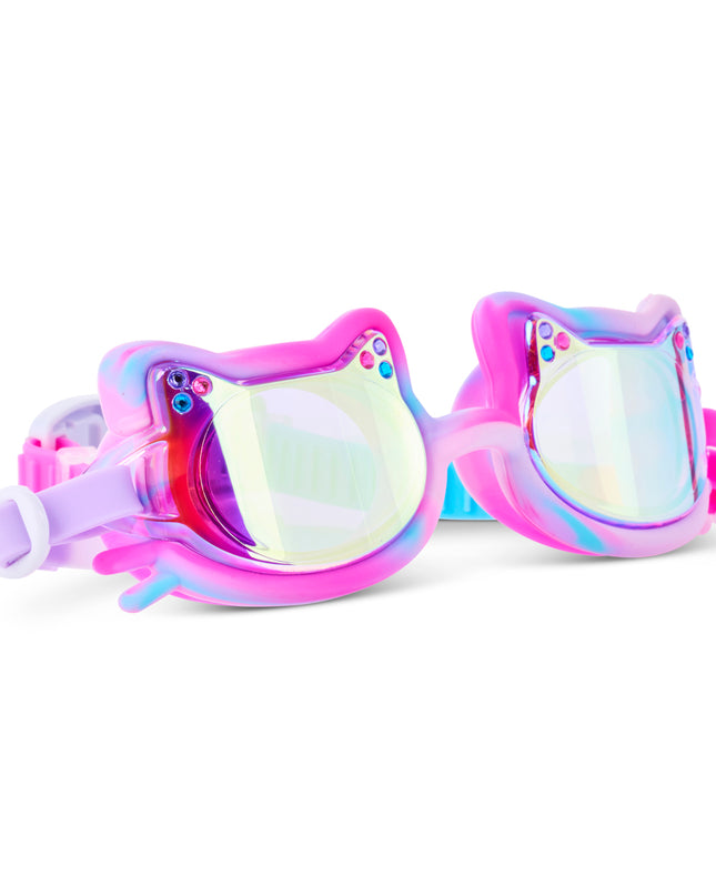 Angled view of Tie-Dye Tabby Purrberry Bliss cat shaped swim goggles