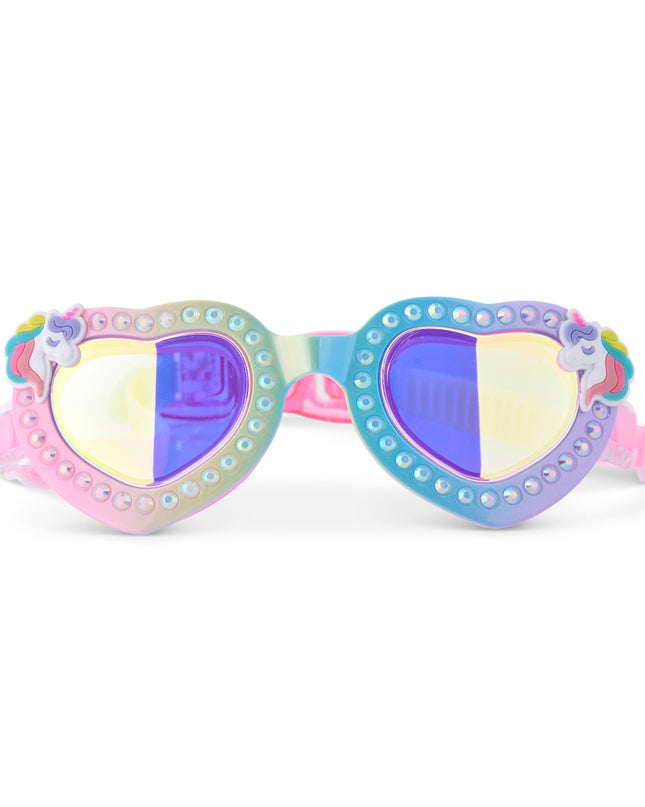 Uniglow heart-shaped swim goggles in Colorburst Rainbow with rhinestones and unicorn decal
