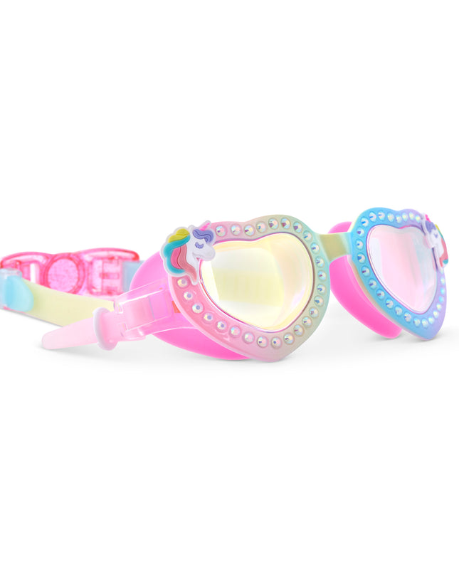Back view of Uniglow swim goggles showing strap and heart frame shape and unicorn decal