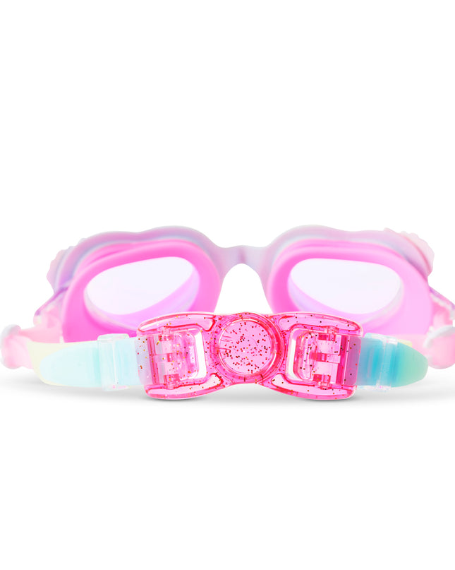 Close-up of Uniglow swim goggles in Colorburst Rainbow showing strap and back clip