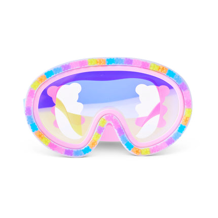 Candy Cub Swim Mask in Sugar Splash showing 3D gummy bears around the frame and screen printed translucent gummy bear on lens 