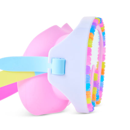 close- up view Candy Cub Swim Mask in Sugar Splash showing 3D gummy bears around the frame and light pink gasket