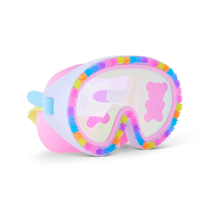 angled view of Candy Cub Swim Mask in Sugar Splash showing 3D gummy bears around the frame and screen printed translucent gummy bear on lens 