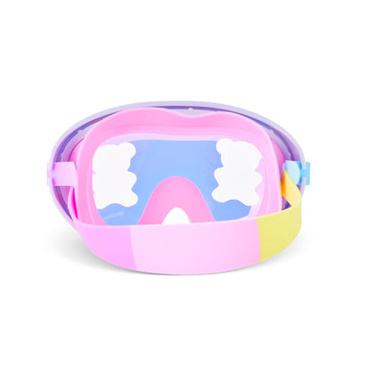 back view of Candy Cub Swim Mask in Sugar Splash showing screen printed translucent gummy bear on lens and strap