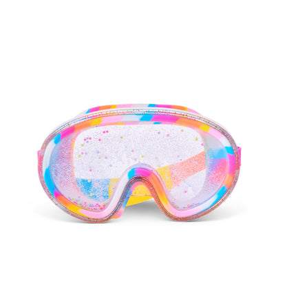 Crystal Current Swim Mask in Candy Corale showing front view of falling 3d glitter in the double lens and rainbow swirl silicone