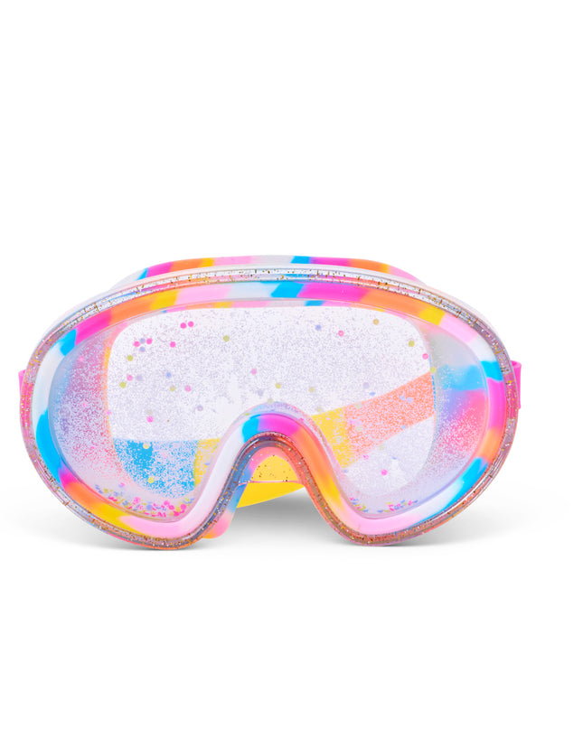 Crystal Current Swim Mask in Candy Corale showing front view of falling 3d glitter in the double lens and rainbow swirl silicone