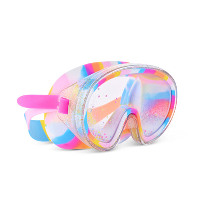 angle view of Crystal Current Swim Mask in Candy Corale showing falling 3d glitter in the double lens and rainbow swirl silicone