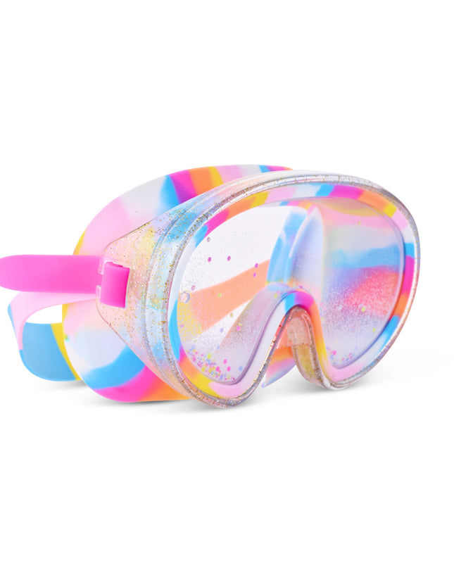angle view of Crystal Current Swim Mask in Candy Corale showing falling 3d glitter in the double lens and rainbow swirl silicone
