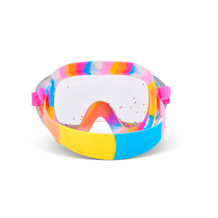 back view of Crystal Current Swim Mask in Candy Corale showing rainbow swirl silicone strap and gasket