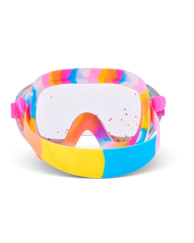 back view of Crystal Current Swim Mask in Candy Corale showing rainbow swirl silicone strap and gasket