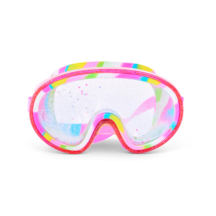 Crystal Current Swim Mask in Magenta Mix showing 3D falling glitter in a double lens, a hot pink glitter infused frame and rainbow silicone