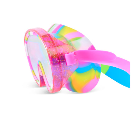 close-up view of Crystal Current Swim Mask in Magenta Mix showing a hot pink glitter infused frame and rainbow silicone