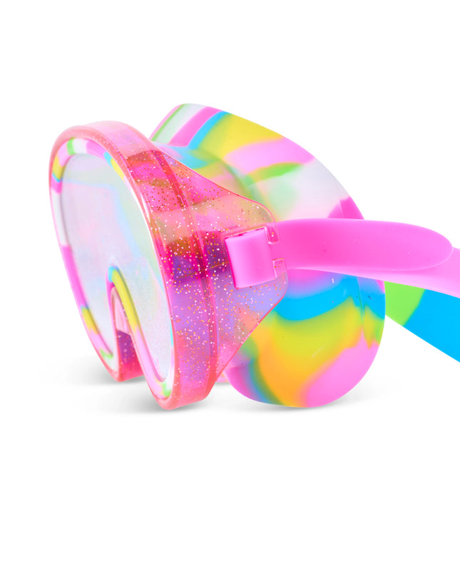 close-up view of Crystal Current Swim Mask in Magenta Mix showing a hot pink glitter infused frame and rainbow silicone