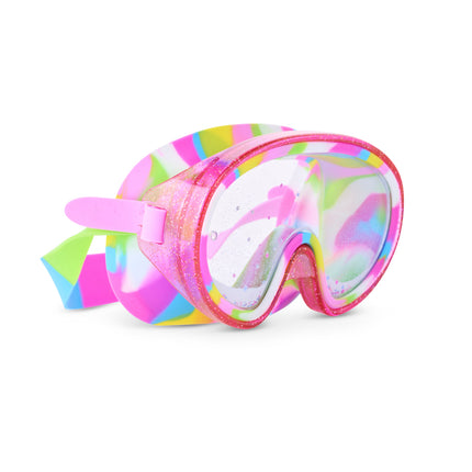 angle view of Crystal Current Swim Mask in Magenta Mix showing 3D falling glitter in a double lens, a hot pink glitter infused frame and rainbow silicone