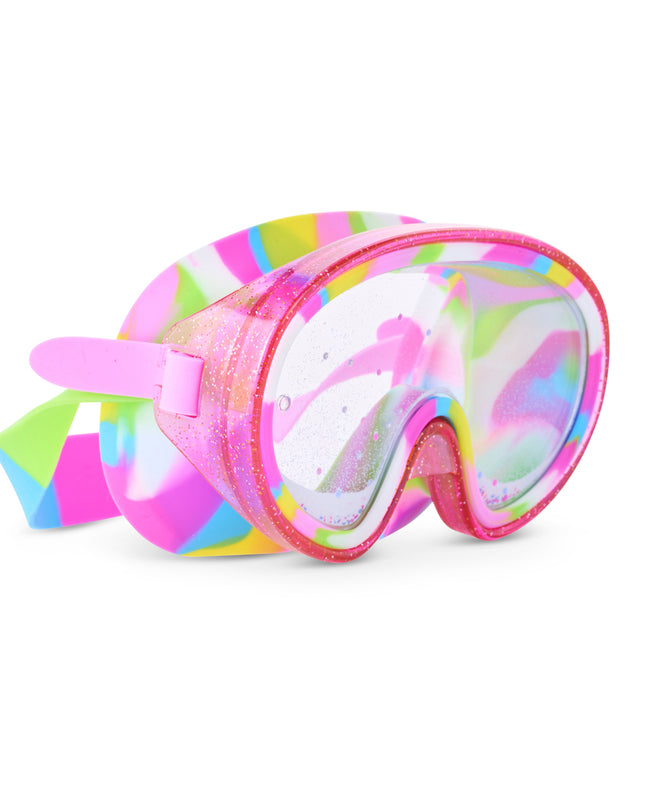 angle view of Crystal Current Swim Mask in Magenta Mix showing 3D falling glitter in a double lens, a hot pink glitter infused frame and rainbow silicone