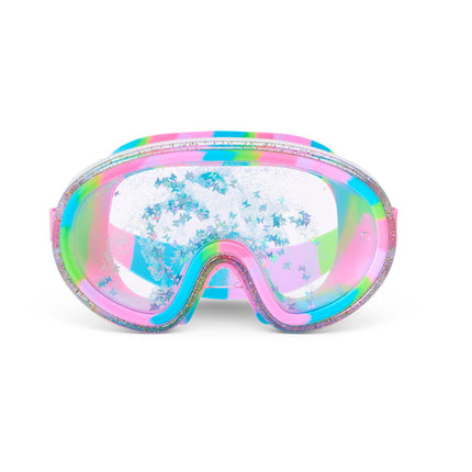 Crystal Current Swim Mask in Sapphire Swirl showing 3D falling glitter in a double lens, a glitter infused frame and rainbow silicone gasket and strap