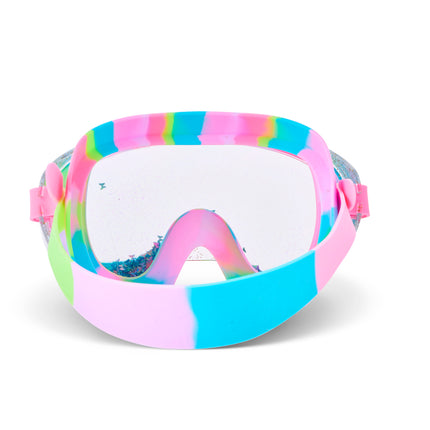 back view of Crystal Current Swim Mask in Sapphire Swirl showing rainbow swirl silicone gasket and strap