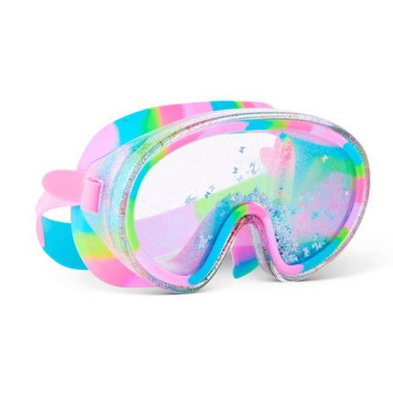 angled view of Crystal Current Swim Mask in Sapphire Swirl showing 3D falling glitter in a double lens, a glitter infused frame and rainbow silicone gasket and strap