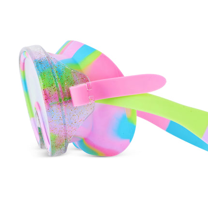 close-up view of Crystal Current Swim Mask in Sapphire Swirl showing a glitter infused frame and rainbow silicone gasket and strap