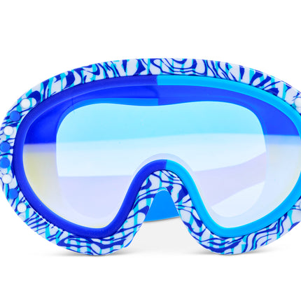 Dino Dash Swim Mask in Bronto Blue showing a striped printed pattern on frame and blue and white silicone spikes 