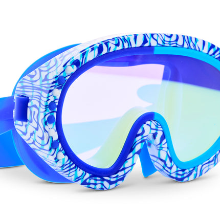 angled view of Dino Dash Swim Mask in Bronto Blue showing a striped printed pattern on frame and blue and white silicone spikes 