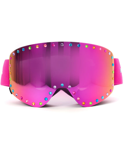 front facing product image of powder pop ski goggles in alpen glow showing a ink mirrored lens with rainbow rhinestones and a hot pink strap