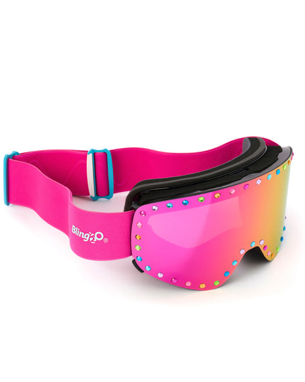 angled product image of powder pop ski goggles in alpen glow showing a ink mirrored lens with rainbow rhinestones and a hot pink strap