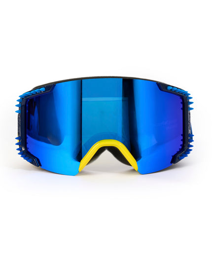 front angled product shot of prism peak kids ski goggles in blue bird which features a blue mirrored lens with blue silicone spikes and a yellow nose piece
