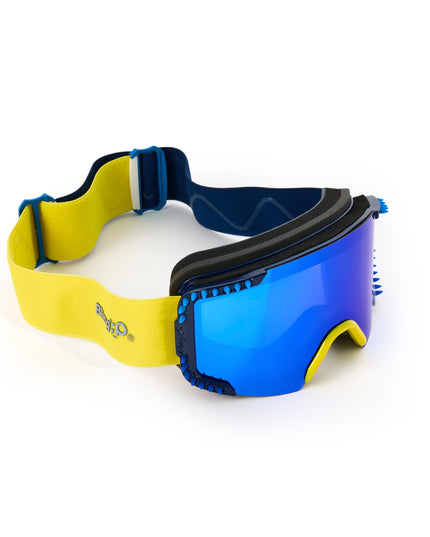 top angled product shot of prism peak kids ski goggles in blue bird which features a blue mirrored lens with blue silicone spikes and a yellow nose piece with yellow strap