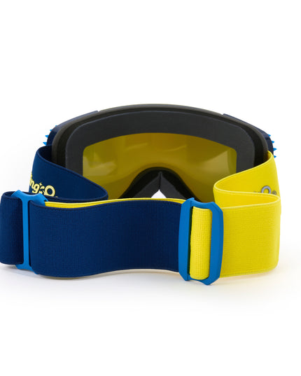 back angled product shot of prism peak kids ski goggles in blue bird which features a blue and yellow strap