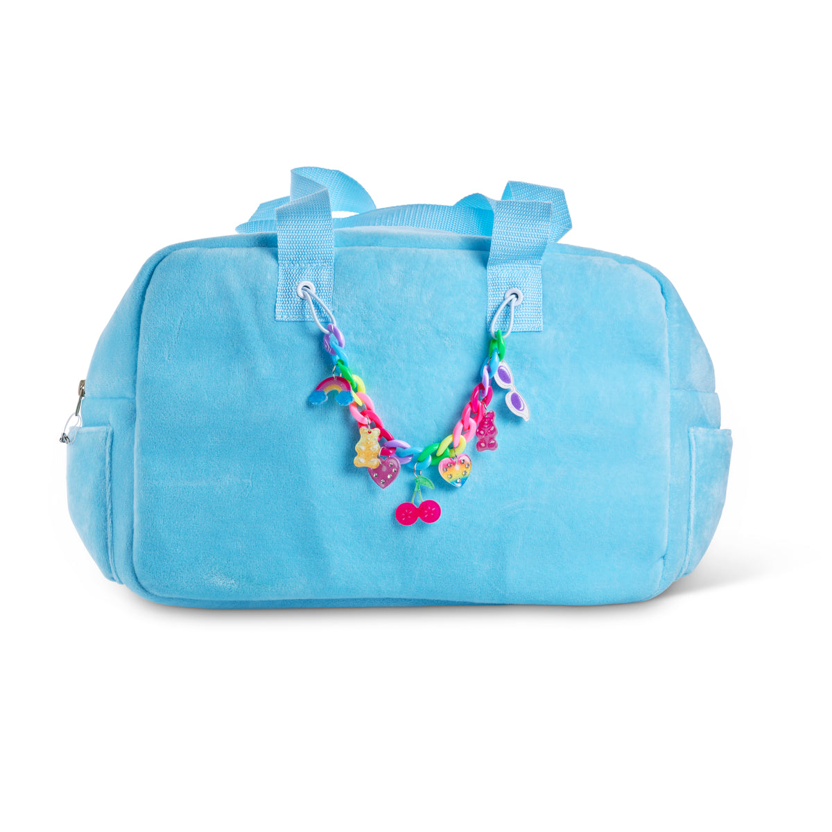 Blue Crush Velour Tote showing rainbow chain link with charms. charms are rainbow charm, gummy bear charm, cherry charm, heart charm, and sunglass charm on rainbow chain link