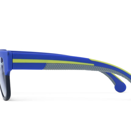 side view fire island kids' sunglasses in royal sun rays showing arm of sunglass which has a royal blue, neon yellow and grey coloring