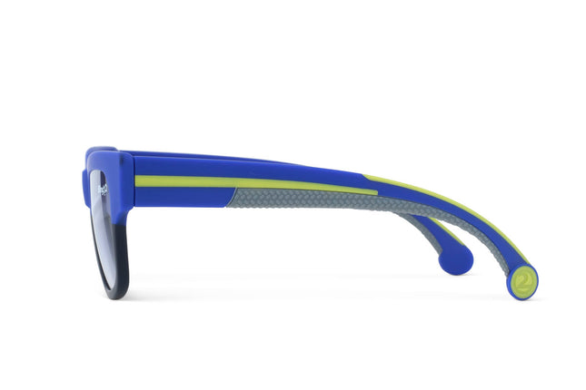 side view fire island kids' sunglasses in royal sun rays showing arm of sunglass which has a royal blue, neon yellow and grey coloring