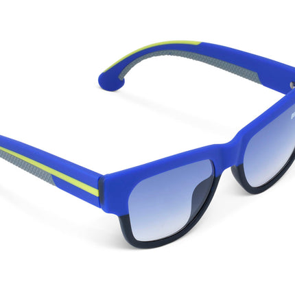 angled view of fire island kids' sunglasses in royal sun rays showing wayfarer shaped sunglass frame in a royal blue and black colorway