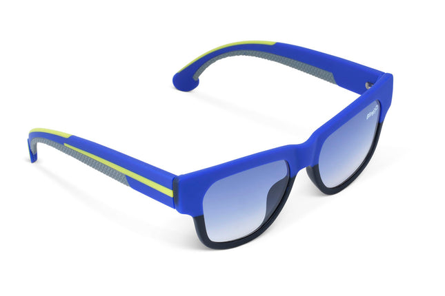 angled view of fire island kids' sunglasses in royal sun rays showing wayfarer shaped sunglass frame in a royal blue and black colorway