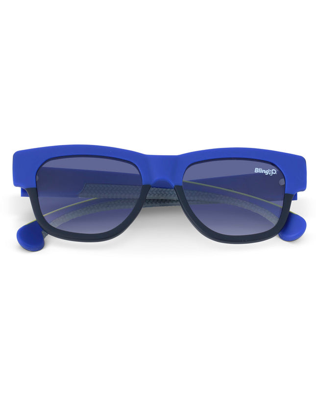 fire island kids' sunglasses in royal sun rays showing wayfarer shaped sunglass frame in a royal blue and black colorway