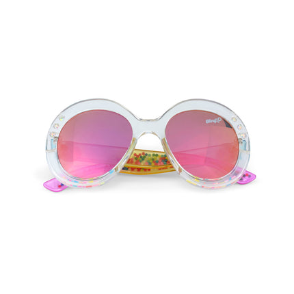 glass beach kids sunglasses in sprinkle sunrise showing reflective lens, clear large round frame with 3D gumballs in the arm of the sunglass
