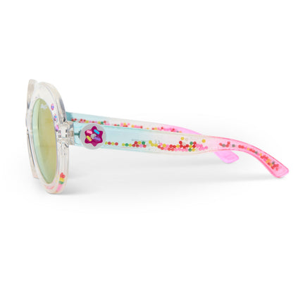 side view of glass beach kids sunglasses in sprinkle sunrise showing reflective lens, clear large round frame with 3D gumballs in the arm of the sunglass