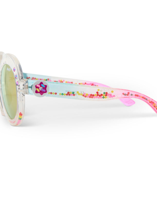 side view of glass beach kids sunglasses in sprinkle sunrise showing reflective lens, clear large round frame with 3D gumballs in the arm of the sunglass
