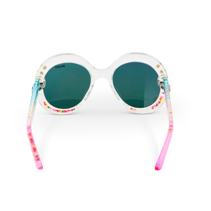 back view of glass beach kids sunglasses in sprinkle sunrise showing reflective lens, clear large round frame with 3D gumballs in the arm of the sunglass