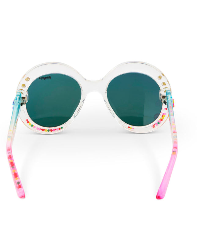 back view of glass beach kids sunglasses in sprinkle sunrise showing reflective lens, clear large round frame with 3D gumballs in the arm of the sunglass