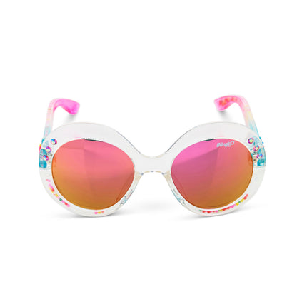 front view of glass beach kids sunglasses in sprinkle sunrise showing reflective lens, clear large round frame with 3D gumballs in the arm of the sunglass