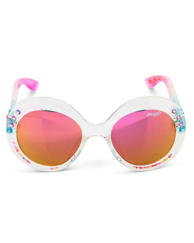 front view of glass beach kids sunglasses in sprinkle sunrise showing reflective lens, clear large round frame with 3D gumballs in the arm of the sunglass