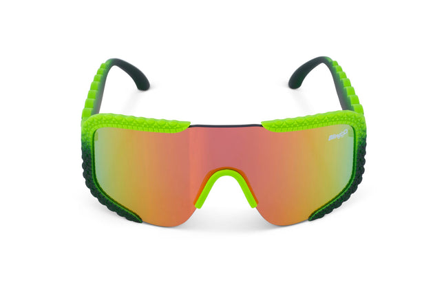 gulf shore kids' sunglasses in gator glare green showing gator textured arms and frame and reflective lens