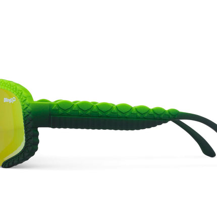 side view gulf shore kids' sunglasses in gator glare green showing gator textured arms